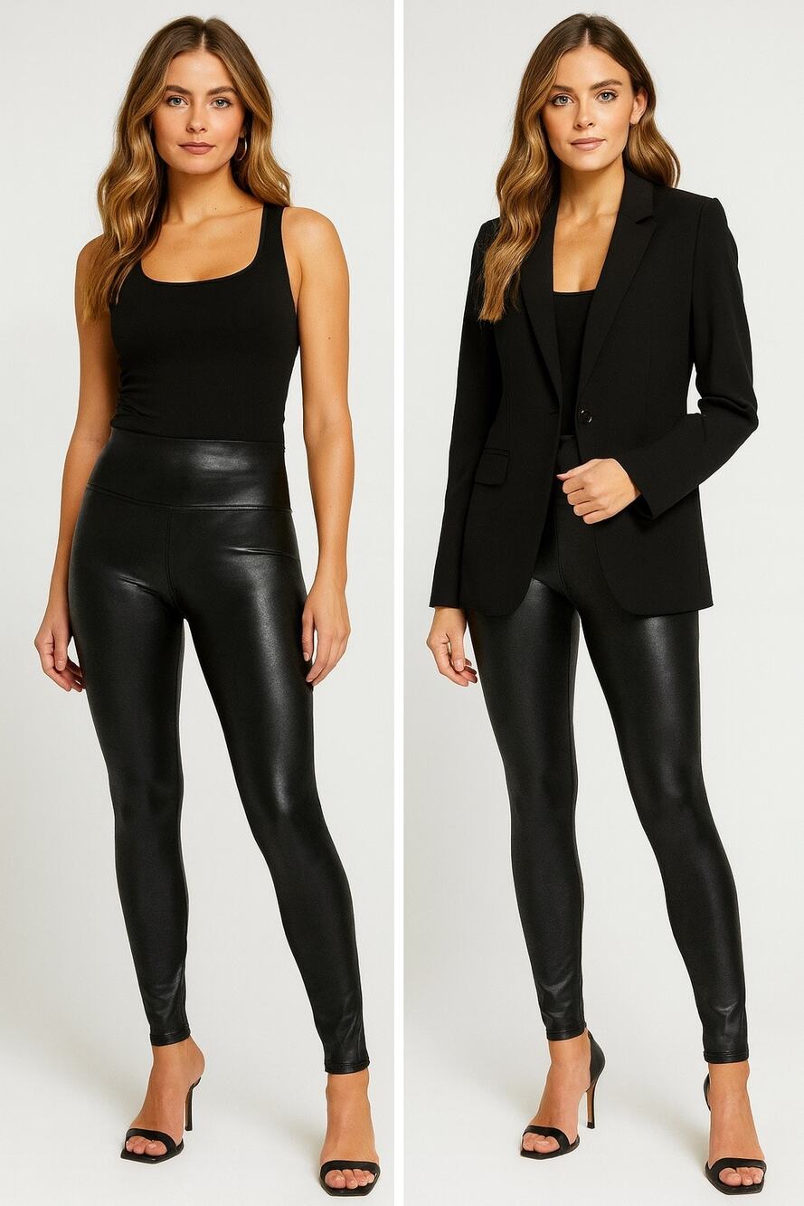 SPANX Moto Faux Leather Leggings Black Tummy Control Shaping Pants Large